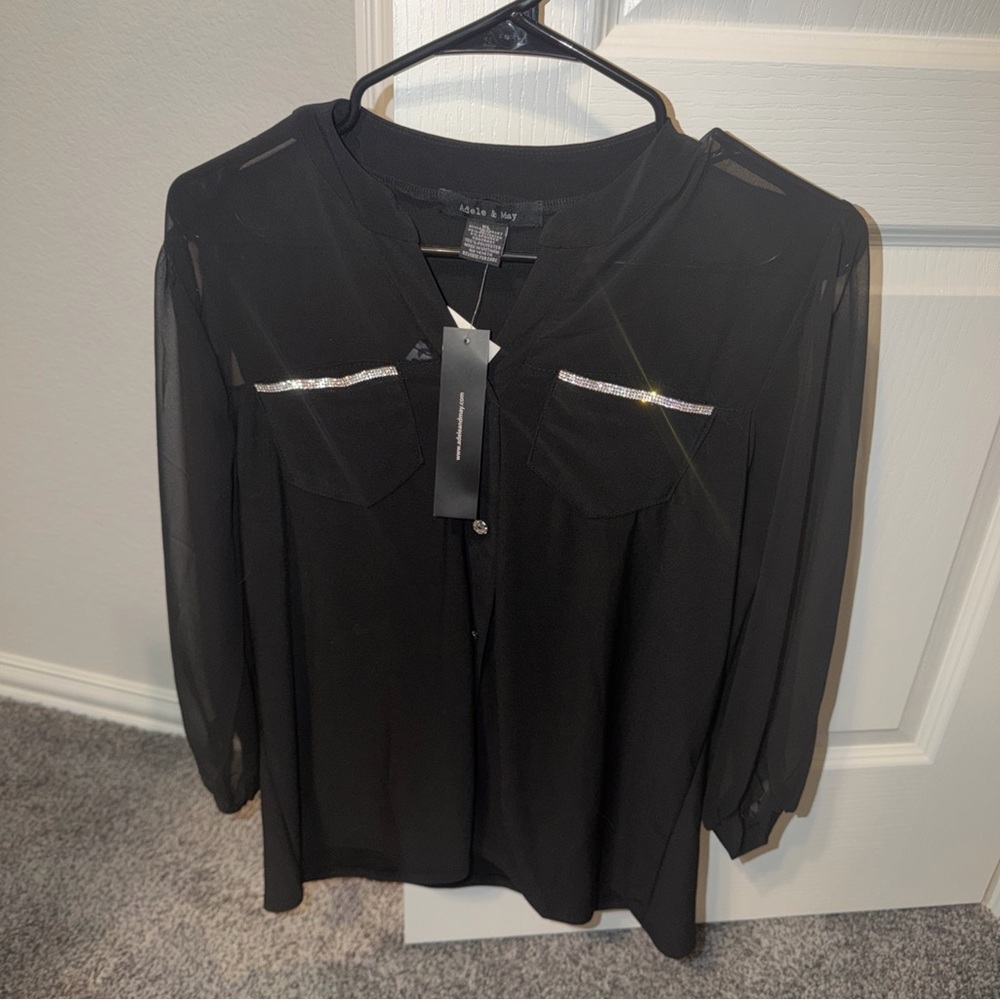 Adele & Jay Black Long-Sleeve Blouse with Metallic Pocket Trim